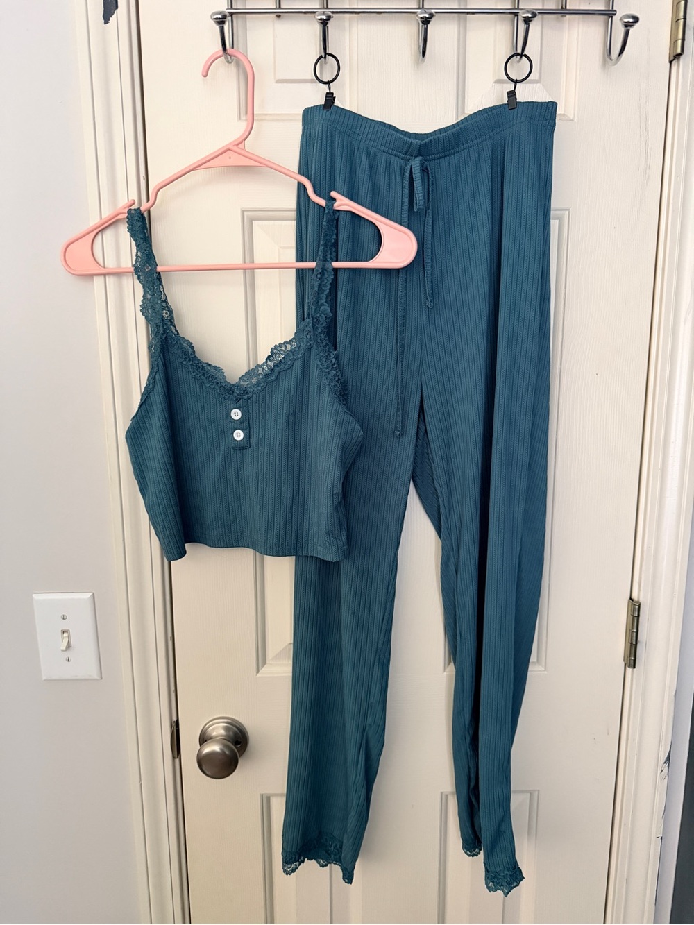 SHEIN Teal Ribbed Lace-Trim Pajama Set - Crop Tank & Drawstring Pants